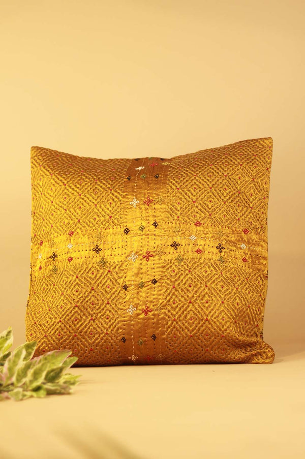 16" Square Cushion Cover | Embroidered Silk | Gold