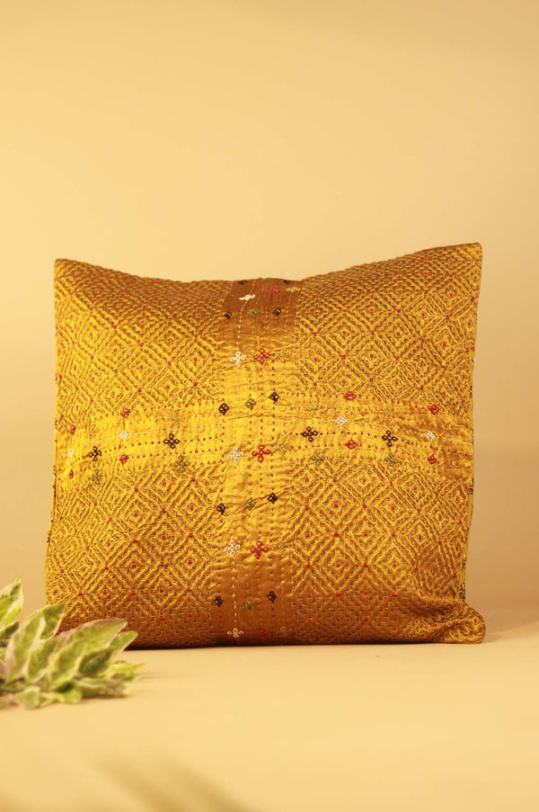 16" Square Cushion Cover | Embroidered Silk | Gold