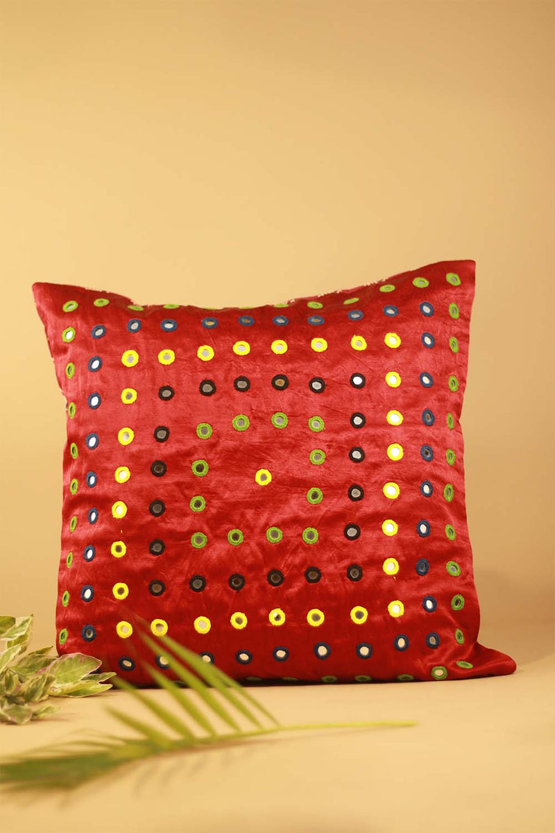 16" Square Cushion Cover | Embroidered Silk | Red