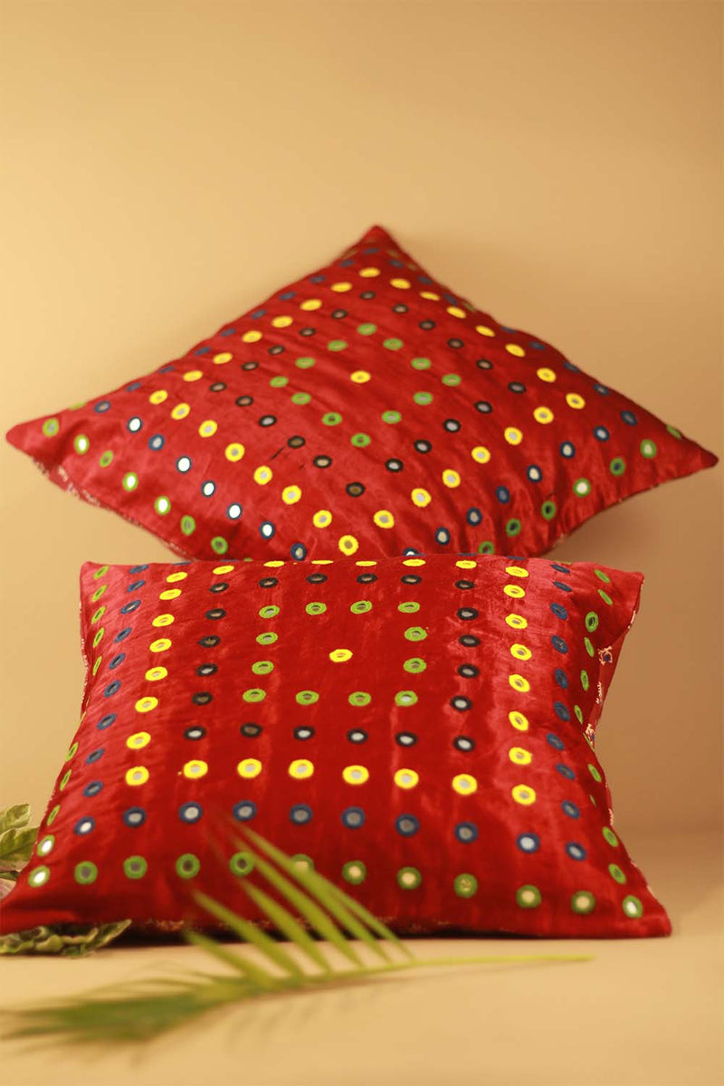 16" Square Cushion Cover | Embroidered Silk | Red