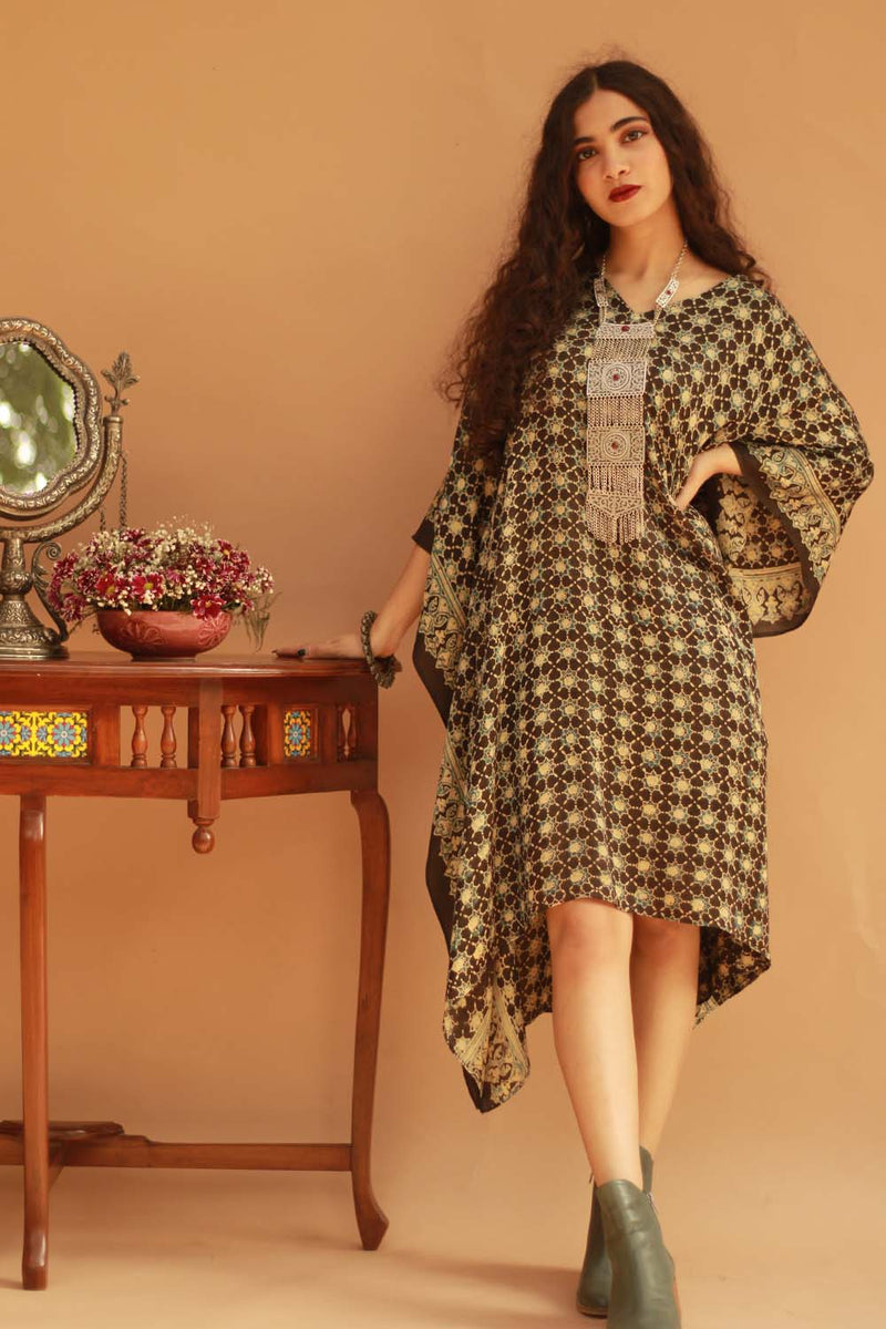 Modal Silk Kaftan - Ajrakh Lattice in Black