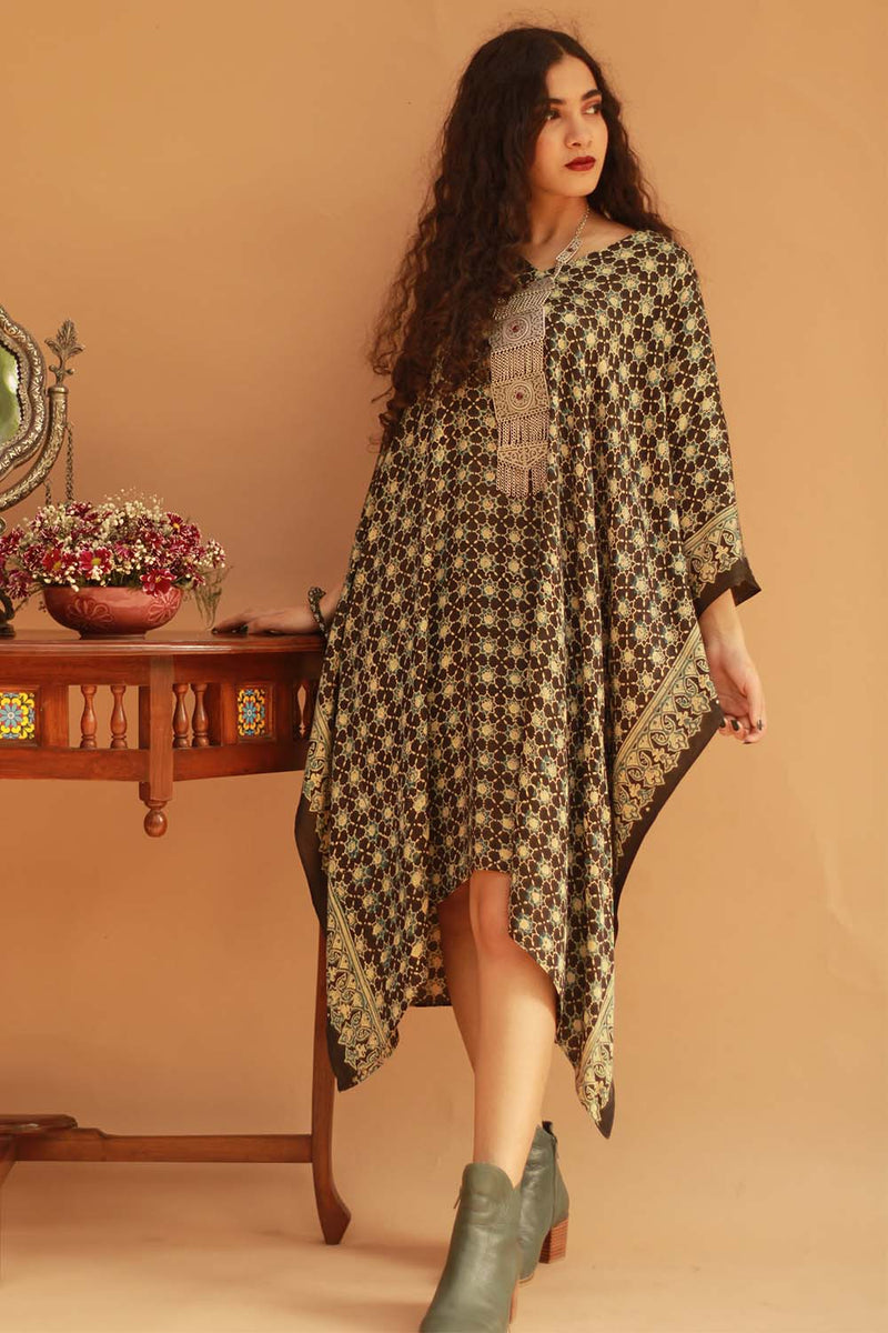 Modal Silk Kaftan - Ajrakh Lattice in Black