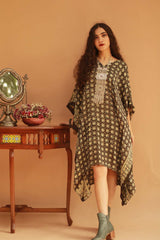 Modal Silk Kaftan - Ajrakh Lattice in Black