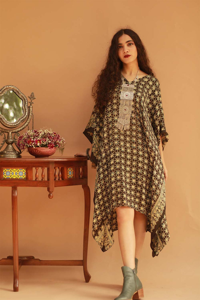 Modal Silk Kaftan - Ajrakh Lattice in Black