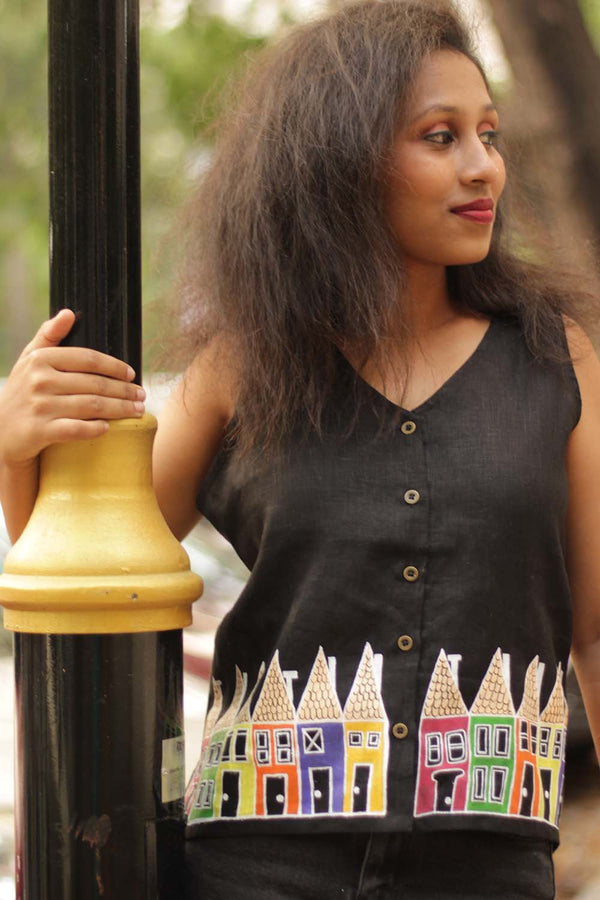 Cityscape Serenade Linen Top- Black