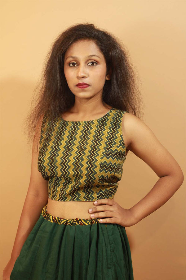 Reversible Blouse in Sanganeri & Green Ajrakh Chevron