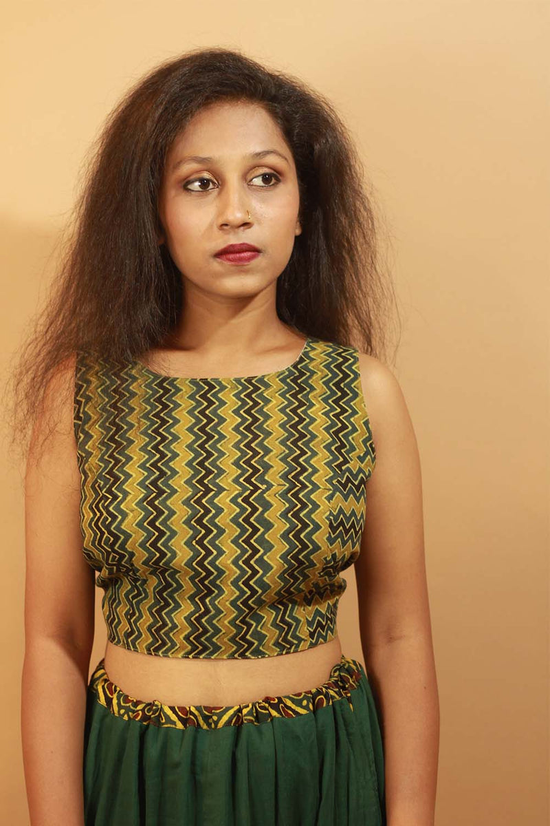Mastaani | Reversible Blouse | Sanganeri & Green Ajrakh Chevron