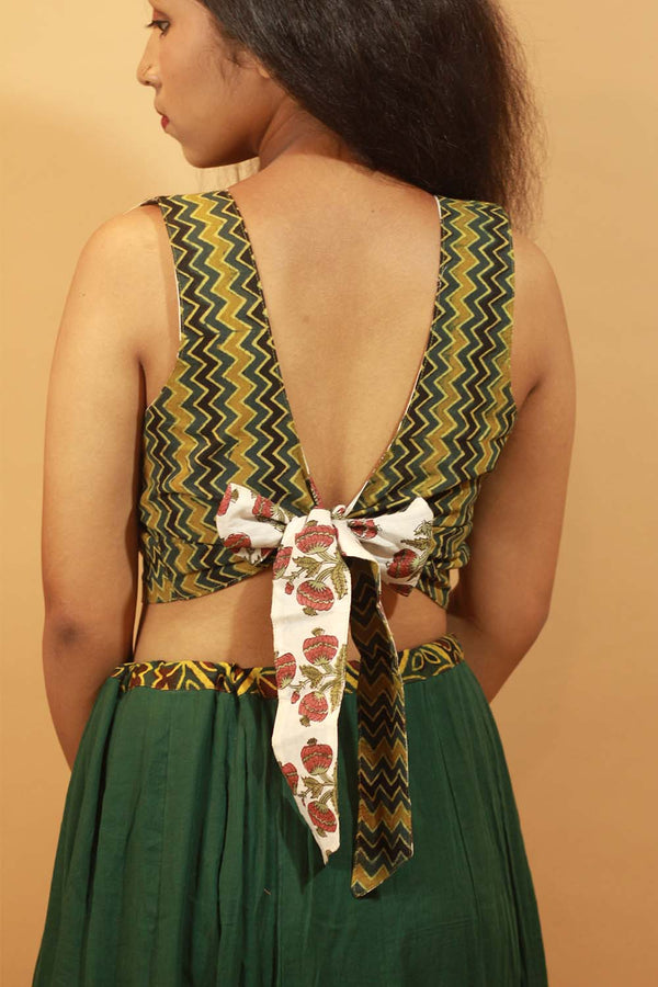 Reversible Blouse in Sanganeri & Green Ajrakh Chevron