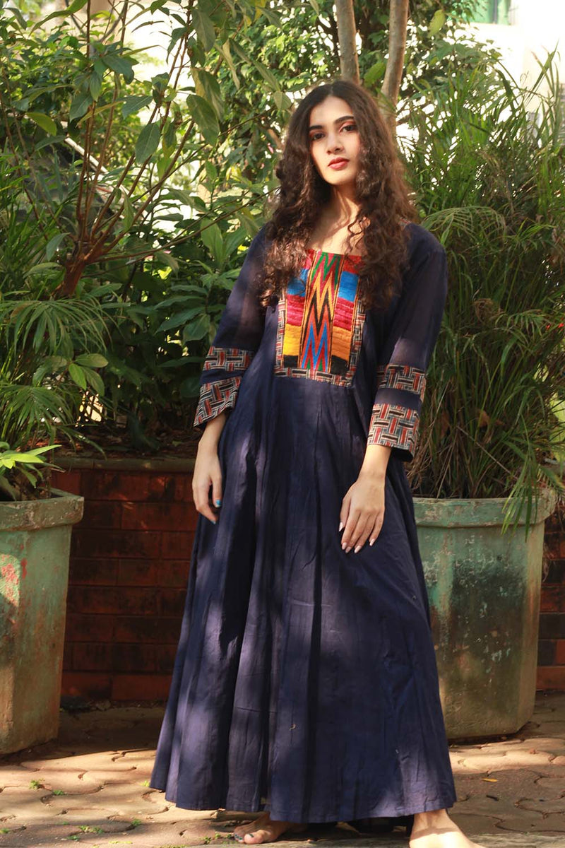 Chaaliskali in Midnight Blue with Ajrakh & Embroidered Yoke