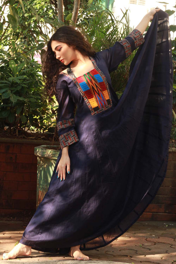 Chaaliskali in Midnight Blue with Ajrakh & Embroidered Yoke