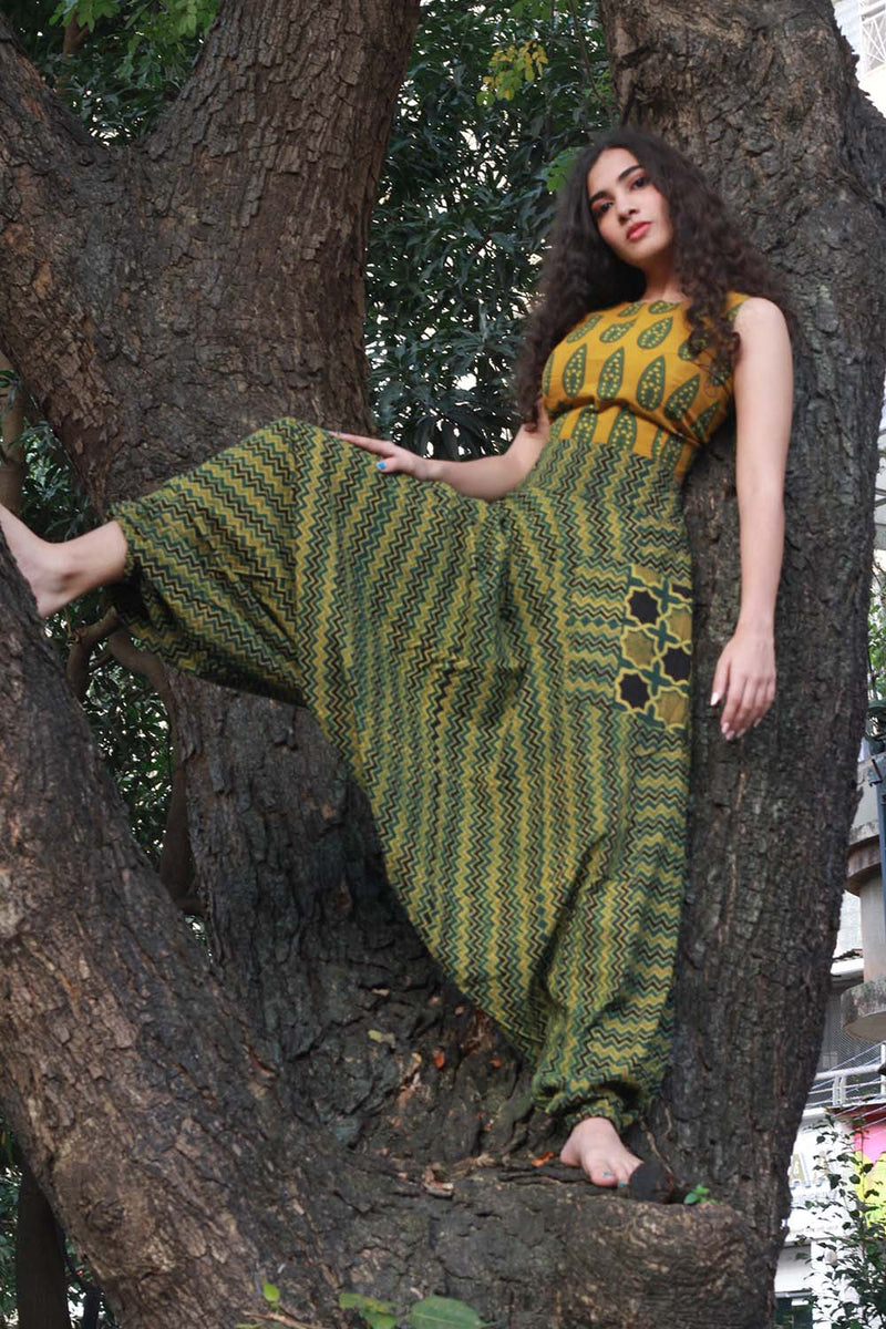 Wayfarer Pants | Drop Crotch Pants | Green Ajrakh Chevron