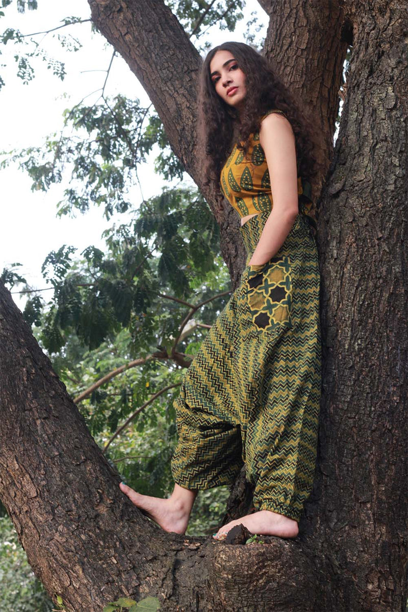 Wayfarer Pants | Drop Crotch Pants | Green Ajrakh Chevron