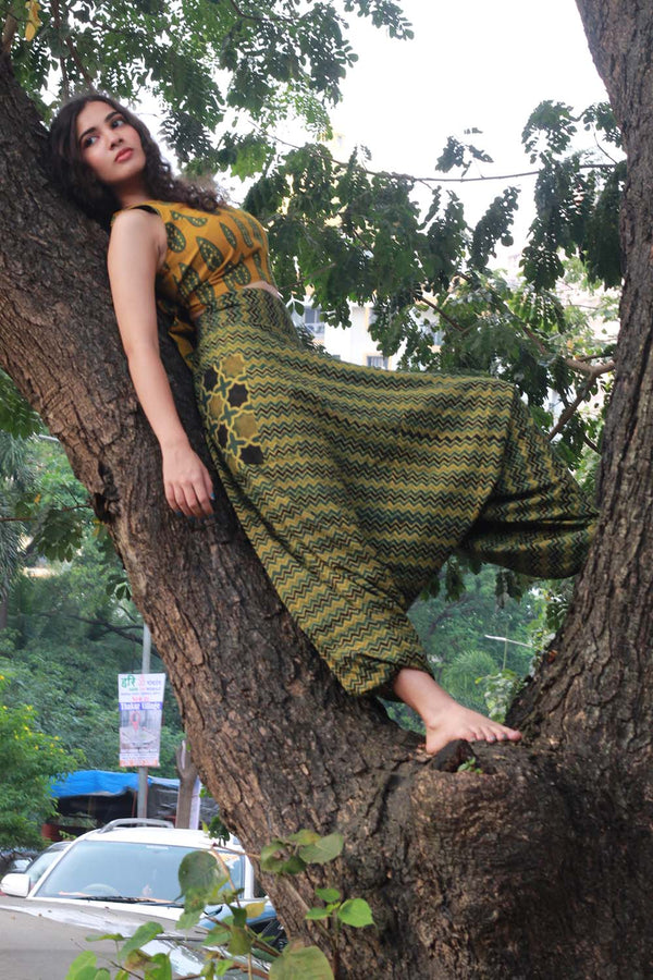 Wayfarer Pants | Drop Crotch Pants | Green Ajrakh Chevron