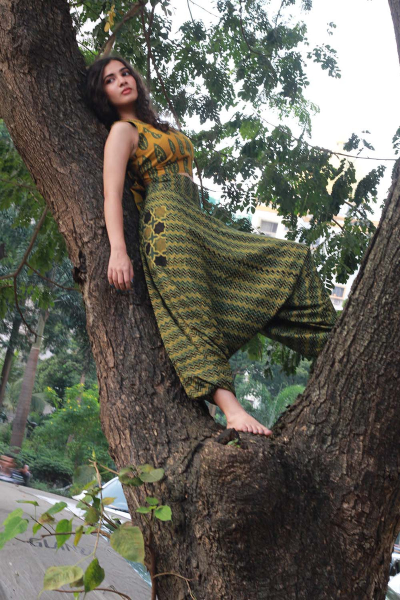 Wayfarer Pants | Drop Crotch Pants | Green Ajrakh Chevron