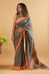 Patteda Anchu Saree in Noir with Tangerine