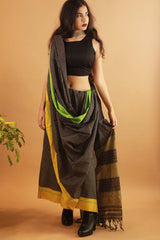 Patteda Anchu Saree in Noir with Lime Ganga-Jamuna