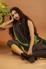 Patteda Anchu Saree in Noir with Lime Ganga-Jamuna