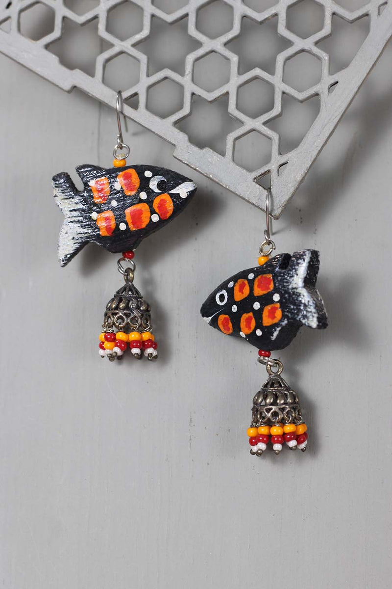 Matasya Wooden Handpainted Jhumka Earrings