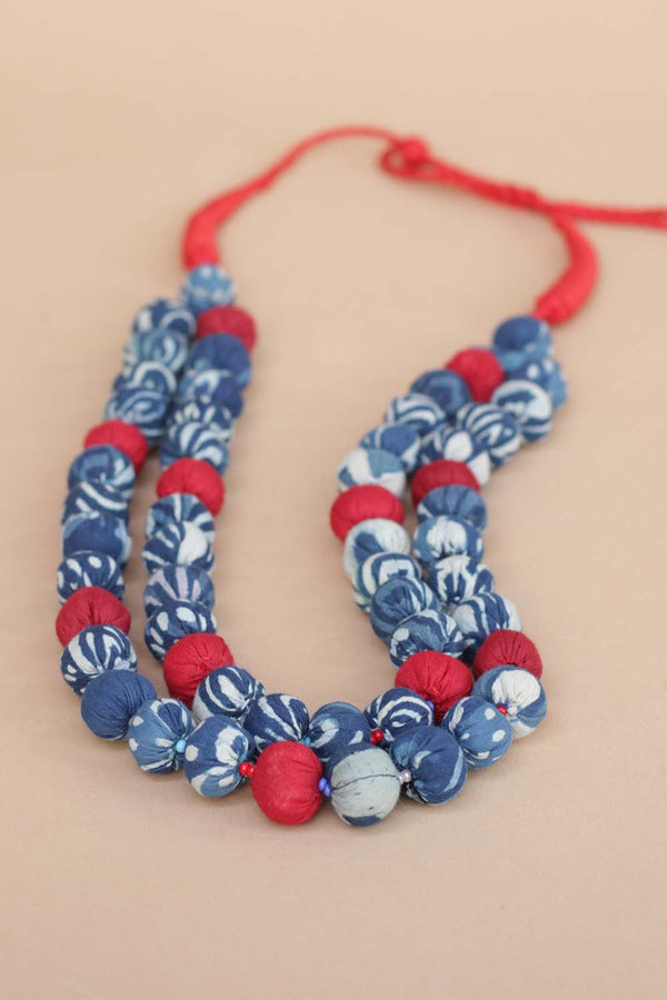 Two Strand Chindi Potli Necklace - Red- Indigo Potli