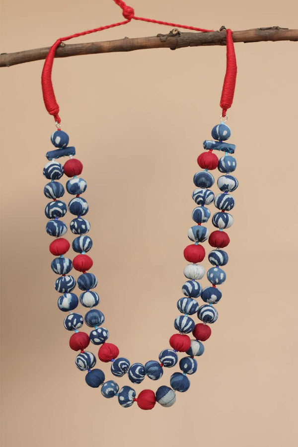 Two Strand Chindi Potli Necklace - Red- Indigo Potli