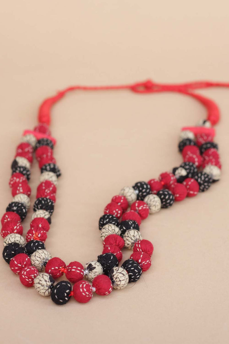 Two Strand Chindi Potli Necklace - Red Kantha Black Kantha Potli
