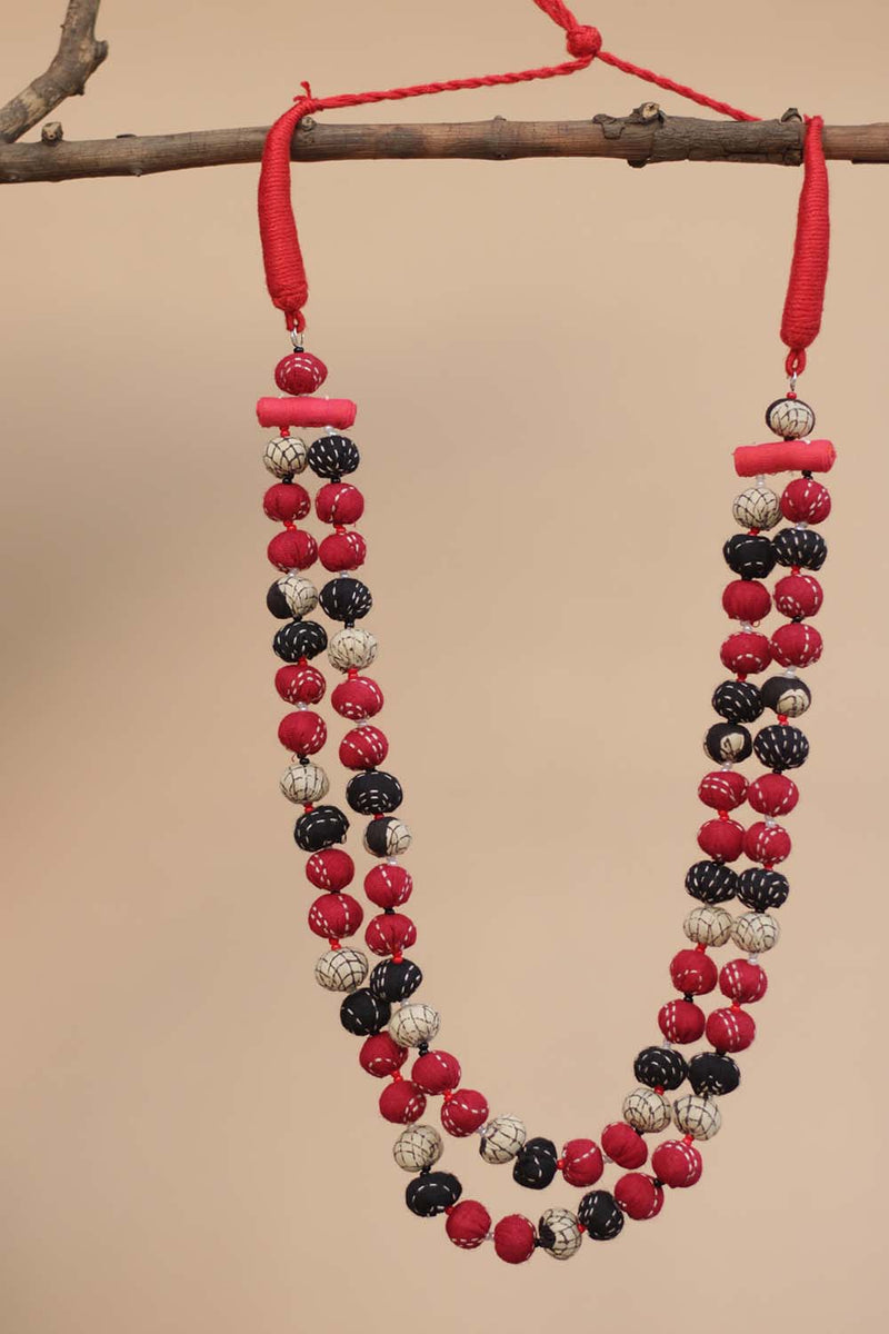 Two Strand Chindi Potli Necklace - Red Kantha Black Kantha Potli