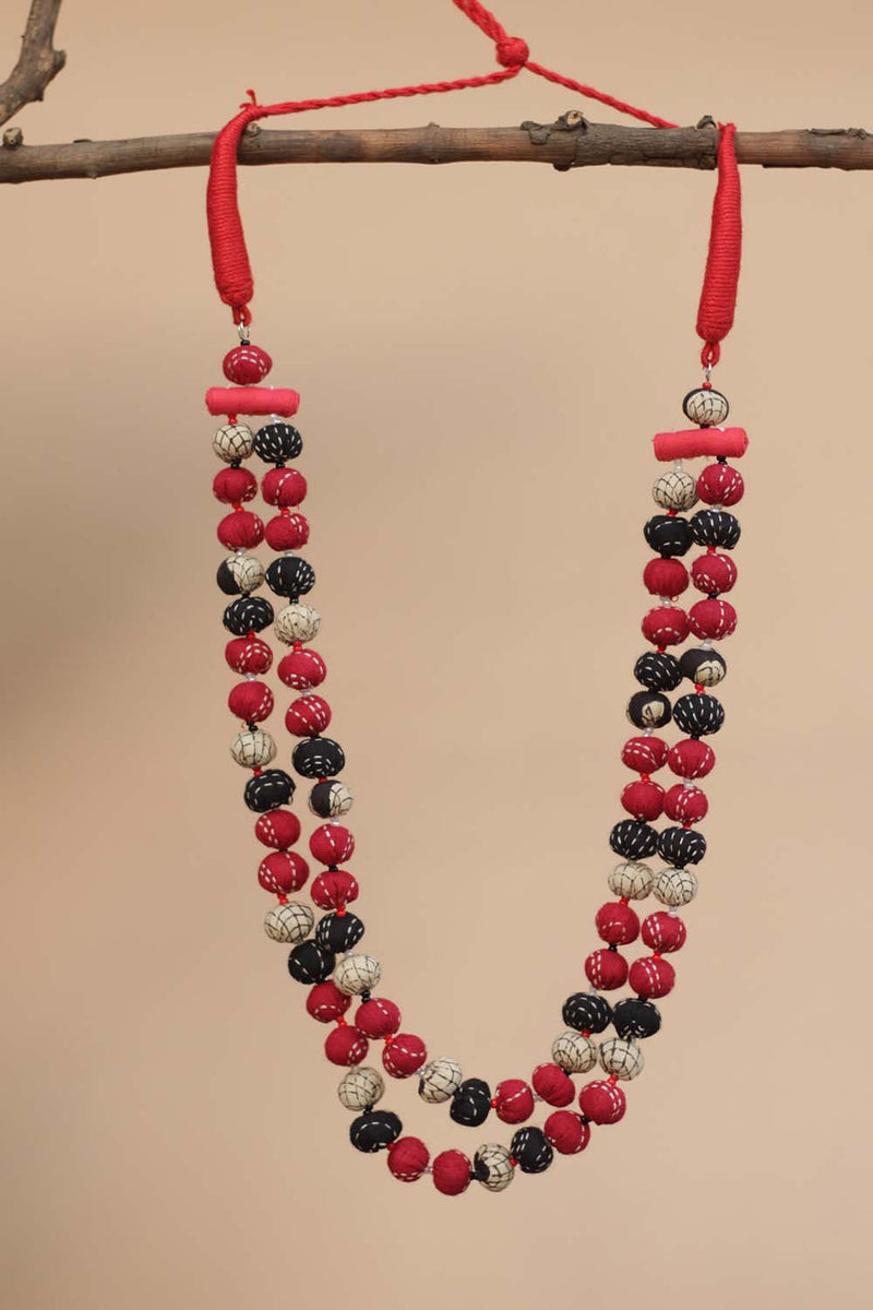 Two Strand Chindi Potli Necklace - Red Kantha Black Kantha Potli