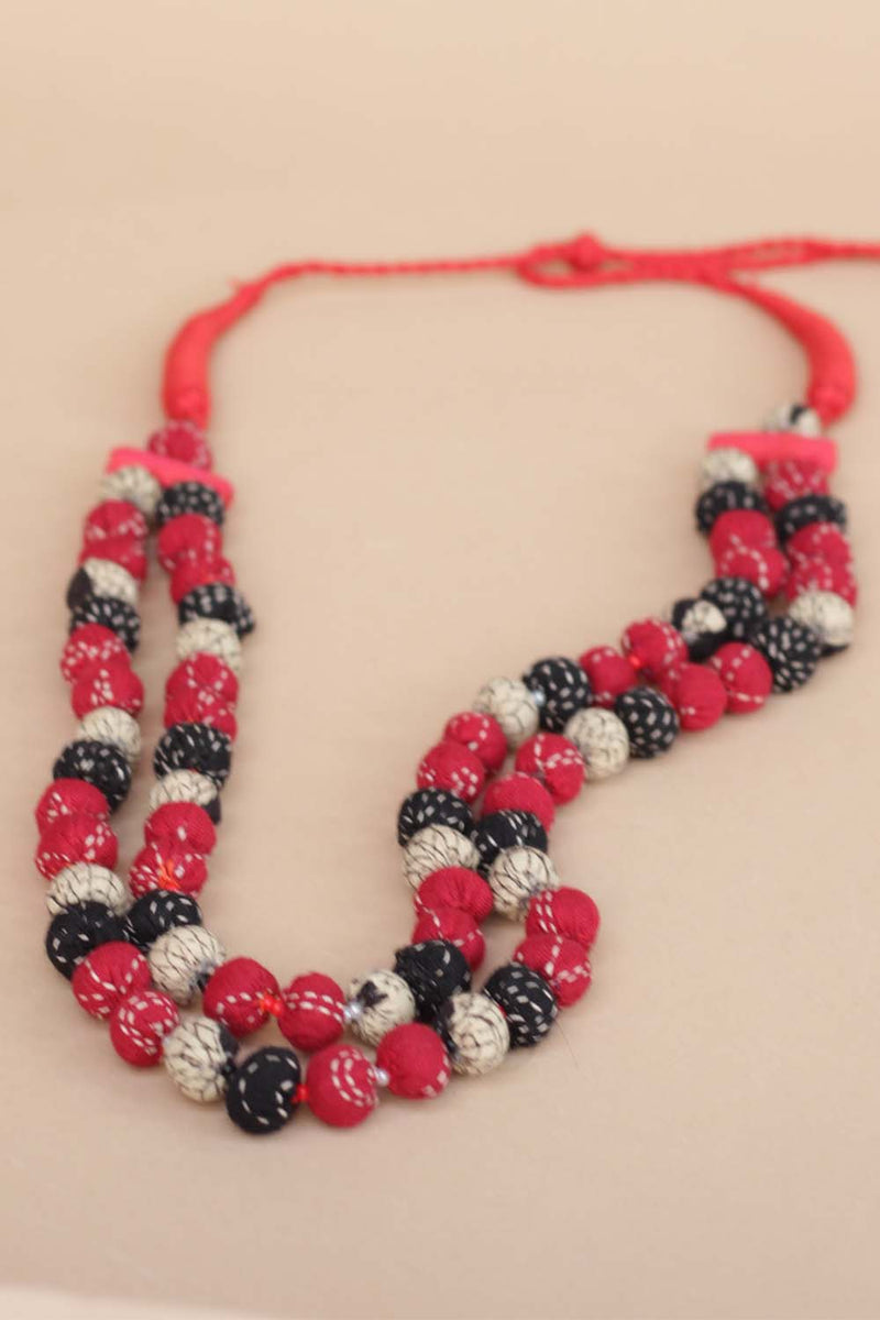 Two Strand Chindi Potli Necklace - Red Kantha Black Kantha Potli