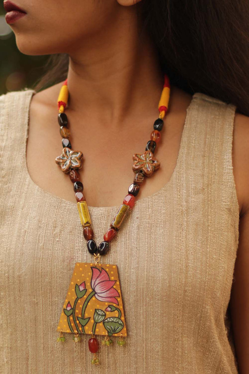 Hand Painted Pichwai Lotus  Necklace with Earth Colored Beads