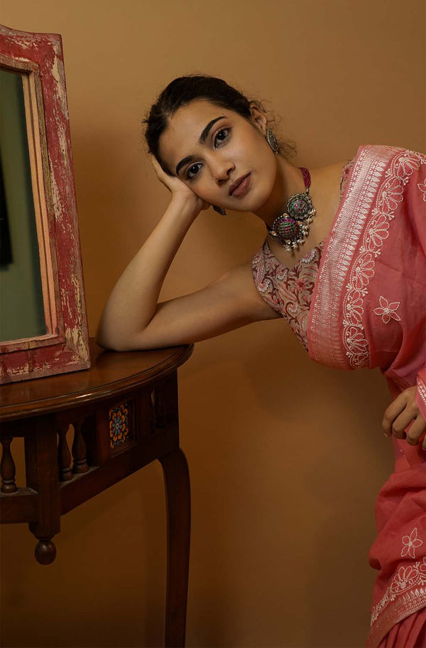 Chikankari Saree in Rose Mal