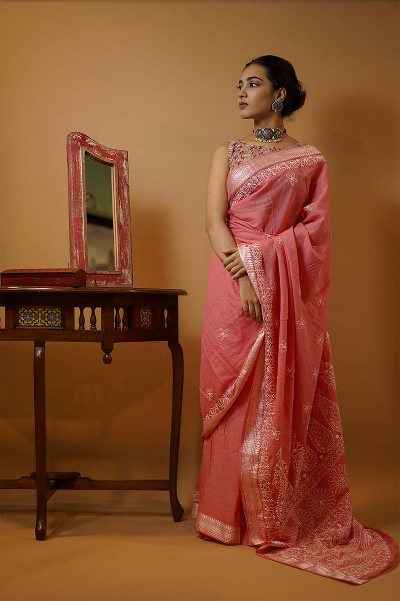 Chikankari Saree in Rose Mal