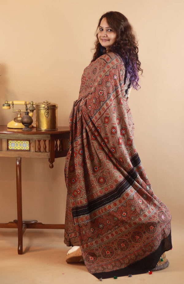 Pushp Ajrakh Embroidered  Saree