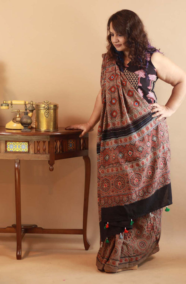 Pushp Ajrakh Embroidered  Saree
