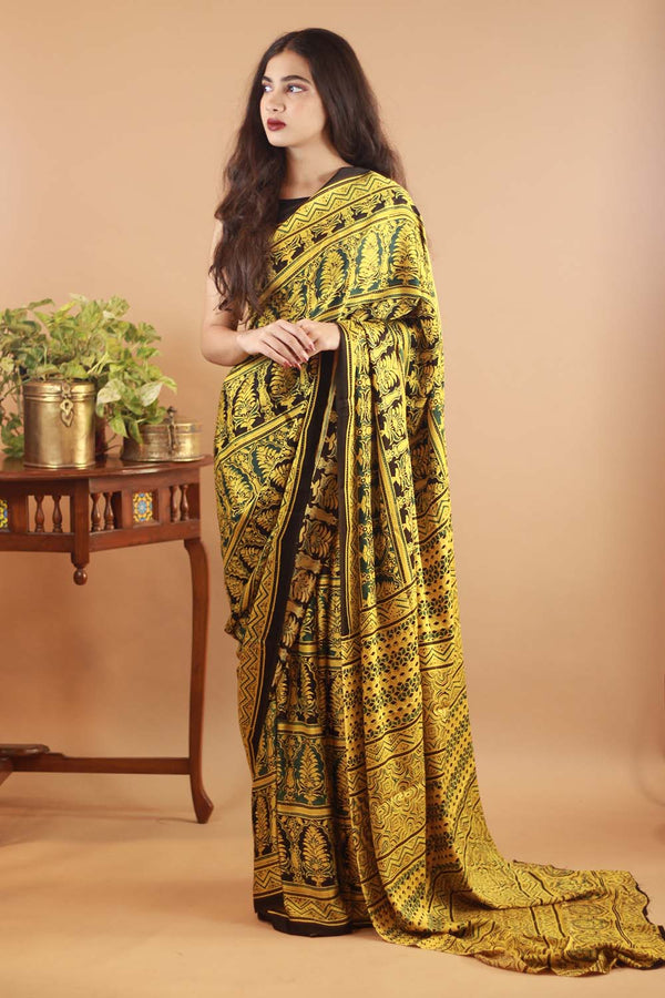 Ajrakh Modal Silk Saree- Ananas