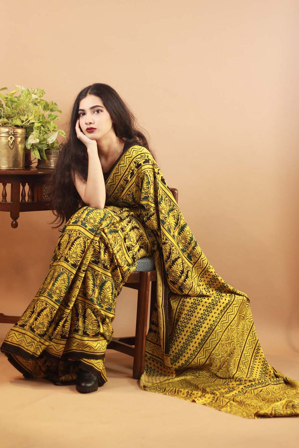 Ajrakh Modal Silk Saree- Ananas