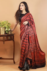 Ajrakh Modal Silk Saree- Scarlet Pennant