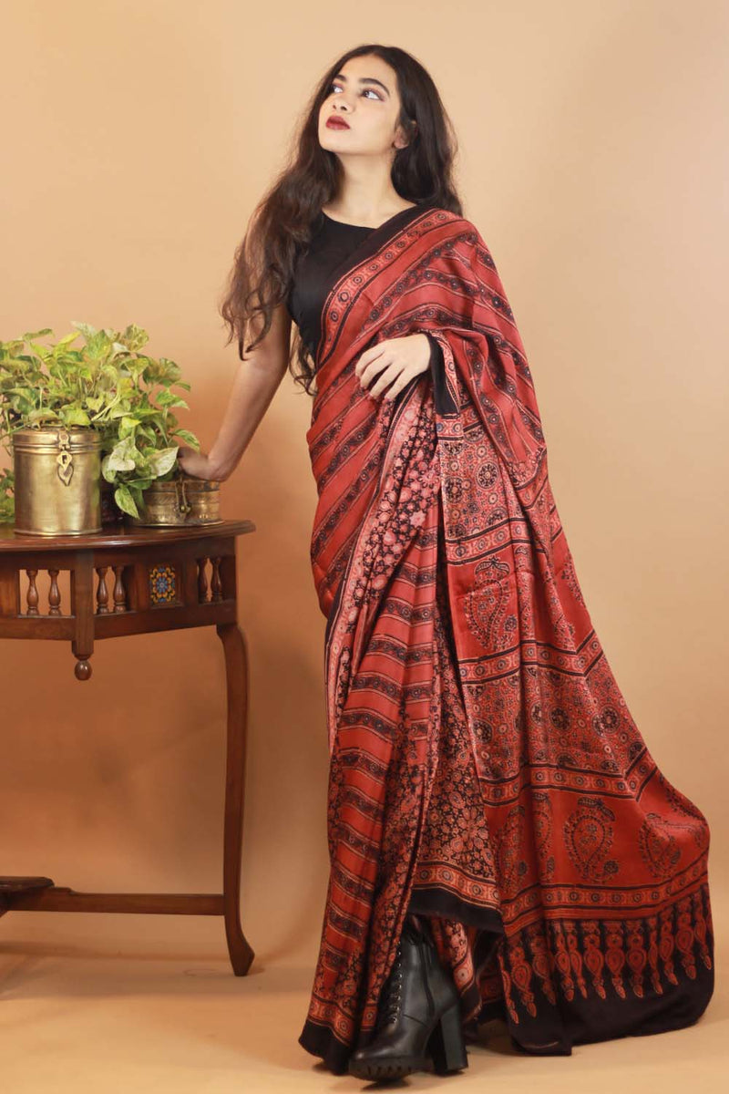Ajrakh Modal Silk Saree- Scarlet Pennant