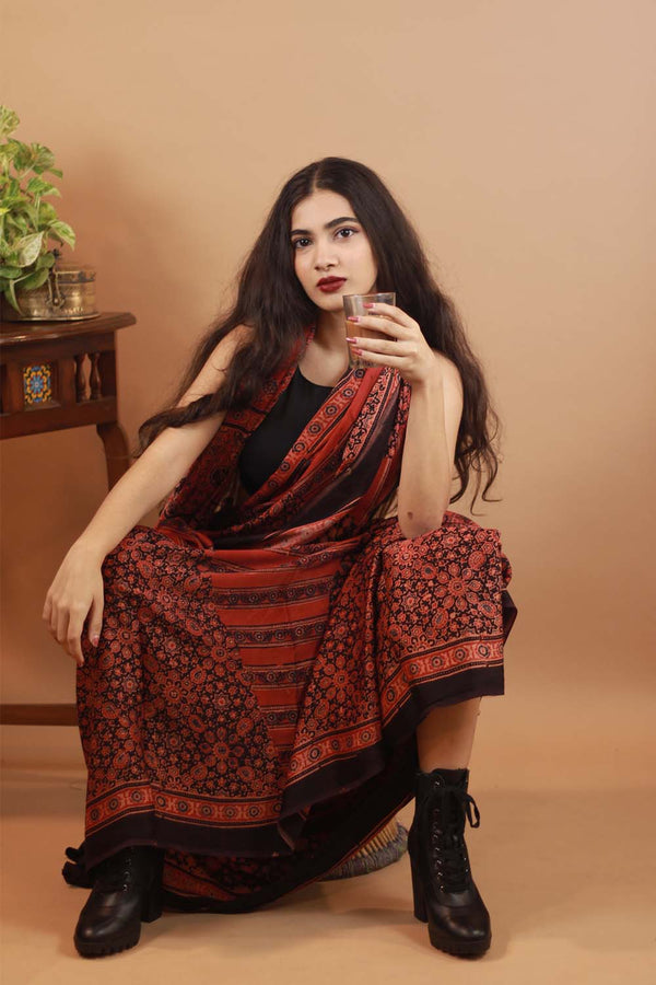 Ajrakh Modal Silk Saree- Scarlet Pennant