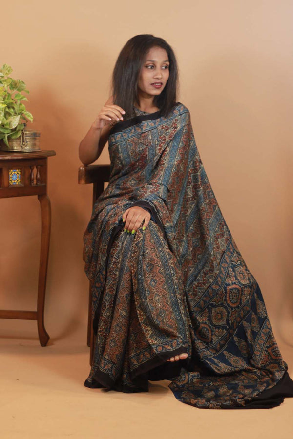 Ajrakh Modal Silk Saree- Ciel Etoillee