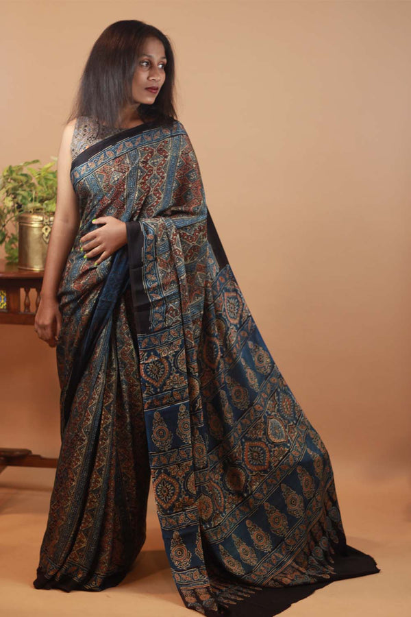 Ajrakh Modal Silk Saree- Ciel Etoillee