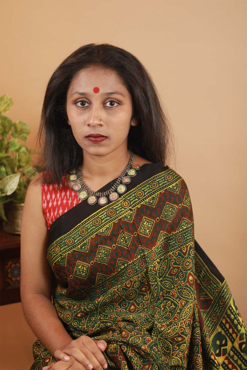 Ajrakh Modal Silk Saree-Emerald Trellis