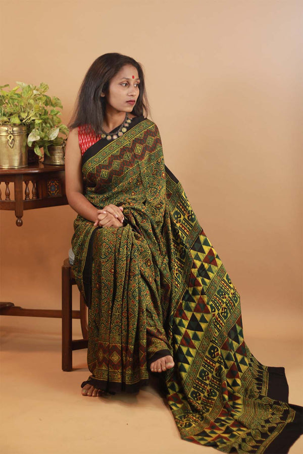 Ajrakh Modal Silk Saree-Emerald Trellis