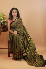 Ajrakh Modal Silk Saree-Emerald Trellis