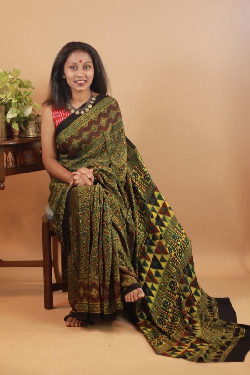 Ajrakh Modal Silk Saree-Emerald Trellis