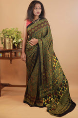 Ajrakh Modal Silk Saree-Emerald Trellis