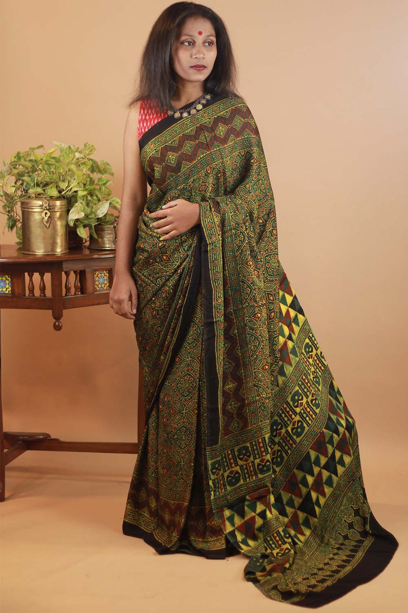 Ajrakh Modal Silk Saree-Emerald Trellis