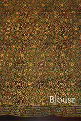 Ajrakh Modal Silk Saree-Emerald Trellis