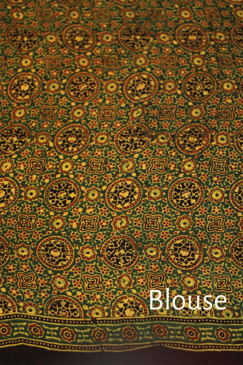 Ajrakh Modal Silk Saree-Emerald Trellis