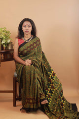 Ajrakh Modal Silk Saree-Emerald Trellis