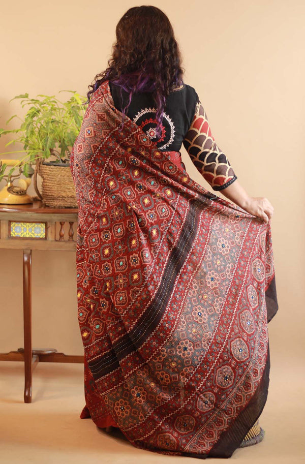 Gainda Ajrakh Embroidered  Saree